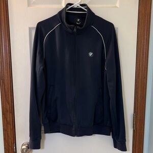 BMW Navy Blue & White Trim Zip Front Cotton Blend Fleece Jacket Unisex Medium